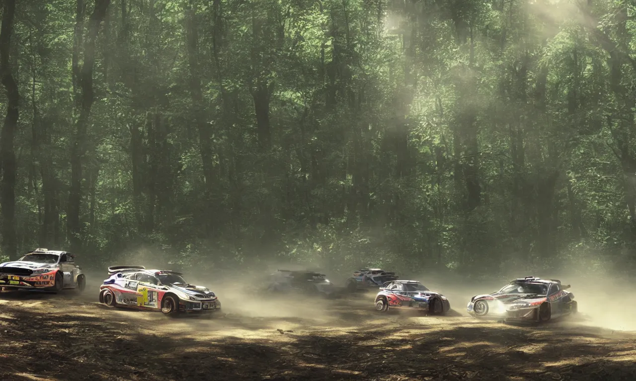 Image similar to 3 rally cars racing through a forest with a river behind them, sun shining through the trees, pencil sketch motion blur high detail ultra realistic 8k,