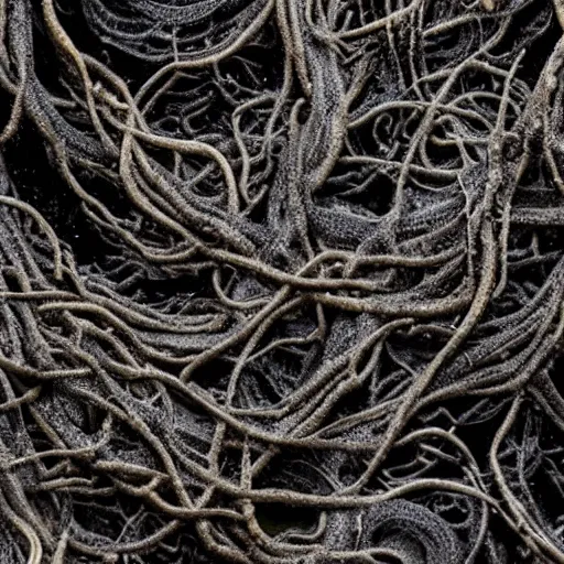 Prompt: photograph of a pitch black, tar - like fungus with lots of tendrils spreading everywhere, intricate detail, goopy, deep black tendrils, infestation