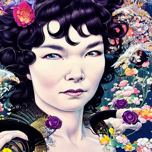 Image similar to portrait of crazy beautiful singer bjork, ymmetrical, by yoichi hatakenaka, masamune shirow, josan gonzales and dan mumford, ayami kojima, takato yamamoto, barclay shaw, karol bak, yukito kishiro