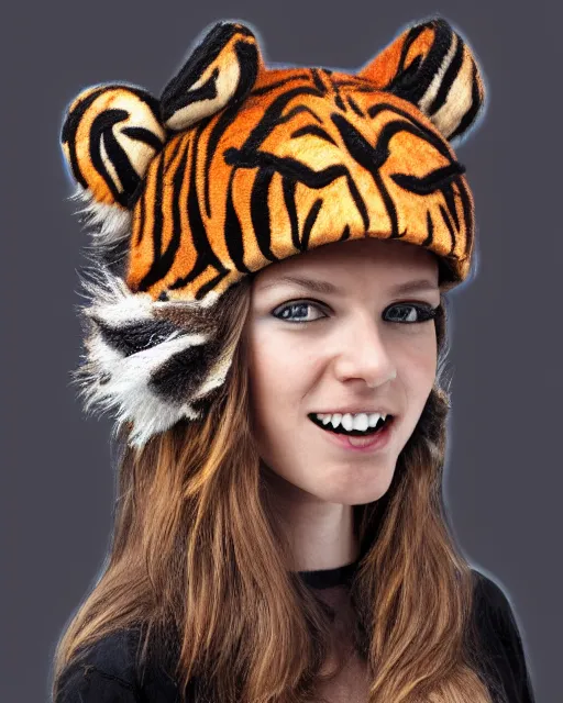 Prompt: a beautiful girl wearing a hat that looks like a tiger head, hyper realistic, hyper detailed, by eliot kohek