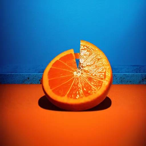 Prompt: a blue orange sliced in half laying on a blue floor in front of a blue wall, hyper realistic, ambient lighting, concept art, intricate, hyper detailed, smooth, dynamic volumetric lighting, octane, cinematic, high quality, high resolution, 4 k