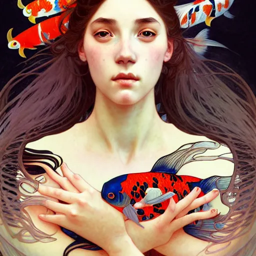 Image similar to Portrait of a girl surrounded by Koi fish, face, fantasy, intricate, elegant, highly detailed, digital painting, artstation, concept art, smooth, sharp focus, illustration, art by Pauline Voß and Artem Demura and alphonse mucha