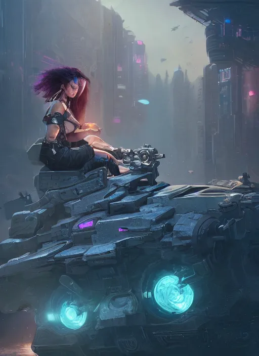 Prompt: portrait of a cyberpunk girl sitting on a tank, d & d, heartstone, digital painting, volumetric light, intricate, sharp, focus, bloom, illustration, highly detailed, concept art, matte, ruan jia, randy vargas, greg rutkowski