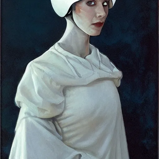 Image similar to portrait of a priestess, wearing ( all - white clothes ), and a ( red helmet ), by gerald brom, and donato berthold.