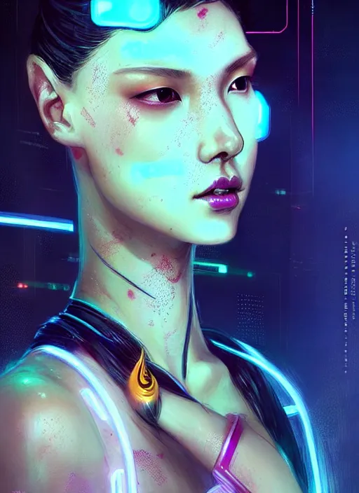 Prompt: sensual oriental female humanoid with freckles, by loish, d & d, fantasy, cyber neon lighting, futurism, intricate futuristic jewelry accessories, cyberpunk high fashion, profile posing, hyper photorealistic, digital photography, artstation, pinterest, concept art, art by pascal blanche and greg rutkowski,