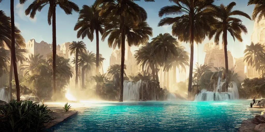 Image similar to beautiful oasis waterfalls surrounded by palm trees, moroccan tile archways, date trees, ivory towers, sun setting, ross tran, nephilim, pyroclastic flow, ethereal, fantasy, james jean, oozium, peter morbacher angelarium alchemy luxury heavenly light soft illumination, trending on artstation, cinematic lighting, digital painting, octane render, artgerm