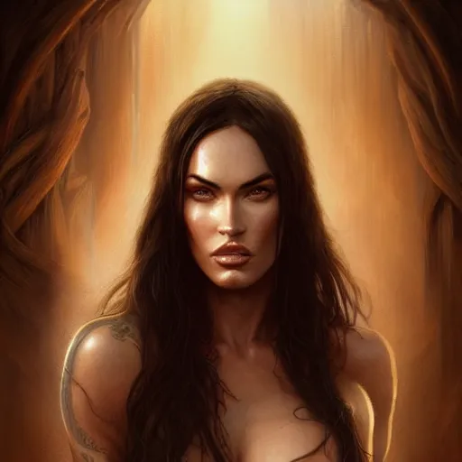 Image similar to portrait of megan fox, muscular upper body, fantasy, intricate, elegant, highly detailed, digital painting, artstation, concept art, matte, sharp focus, illustration, art by aenaluck and roberto ferri and greg rutkowski, epic fantasy, digital painting