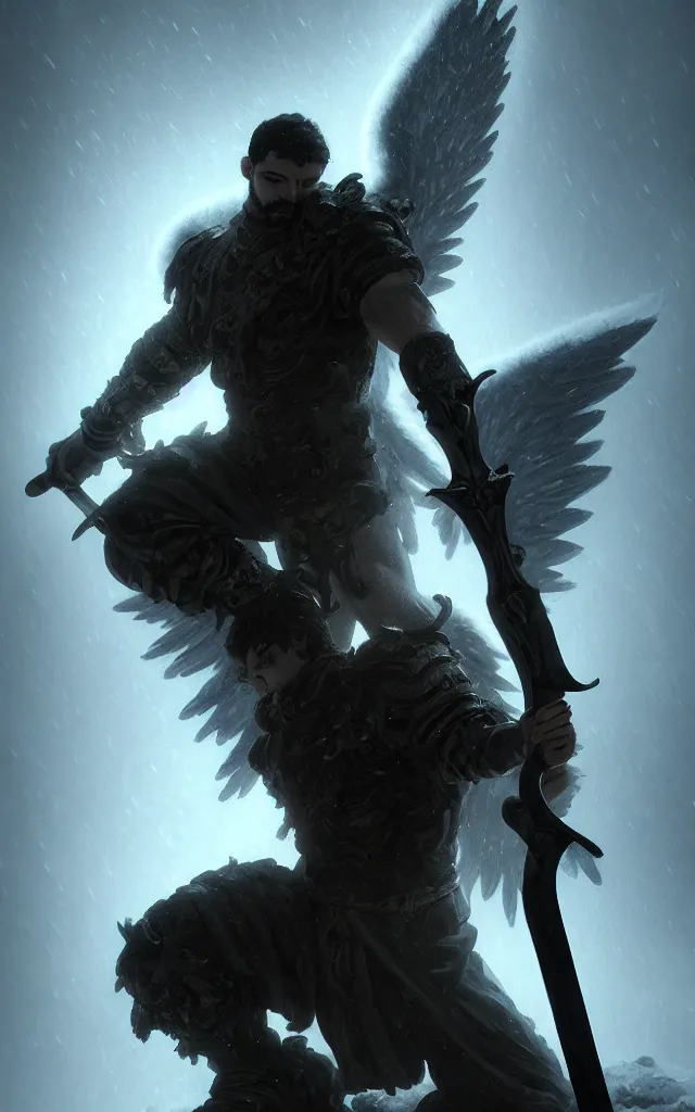 Image similar to dark blizzard art, portrait of fallen man angel kneeling with a sword and wings, bokeh. dark art masterpiece artstation. 8k, sharp high quality illustration in style of Jose Daniel Cabrera Pena and Leonid Kozienko, concept art by Tooth Wu