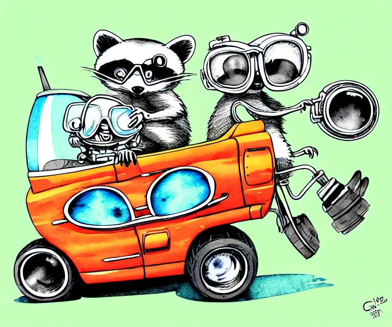 Image similar to cute and funny, racoon wearing goggles riding in a tiny hot rod with an oversized engine, ratfink style by ed roth, centered award winning watercolor pen illustration, isometric illustration by chihiro iwasaki, edited by range murata, tiny details by artgerm and watercolor girl, symmetrically isometrically centered, sharply focused