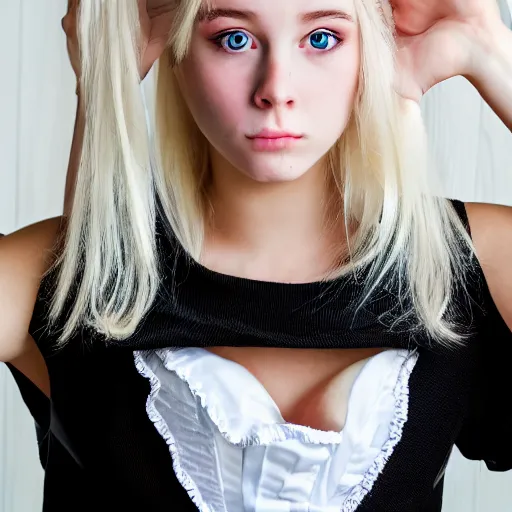 Image similar to portrait of a beautiful psychotic blonde 18 year old stoner wearing a full maid outfit staring intently at the viewer from up close to her face. ultra clear 16K and 8K HD image with amazing detail and shadowing.
