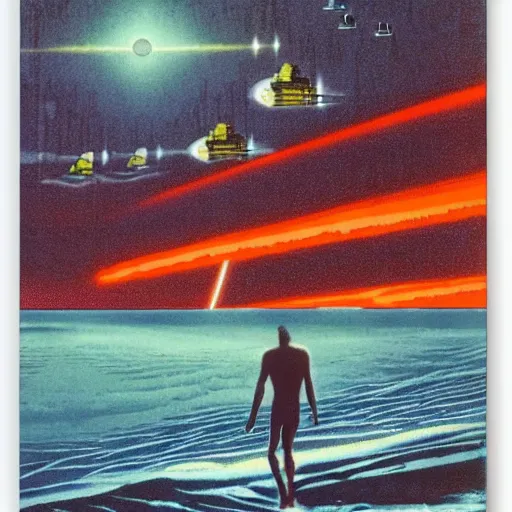 Image similar to a swim in the sea at night, synth wave, Angus McKie