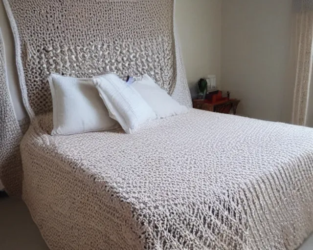 Prompt: crocheted bed, entire bed made of thick soft yarn woven in intricate patterns, comfy, comfortable, warm, soothing, relaxing, wholesome