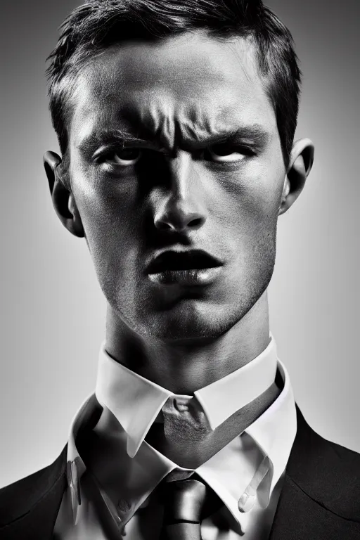 Image similar to very ashamed and angry demon envoked by hugo boss for modeling in hugo boss, luxury materials, symmetrical, cinematic, elegant, professional studio light, real dlsr photography, sharp focus, 4 k, ultra hd, sense of awe, high fashion