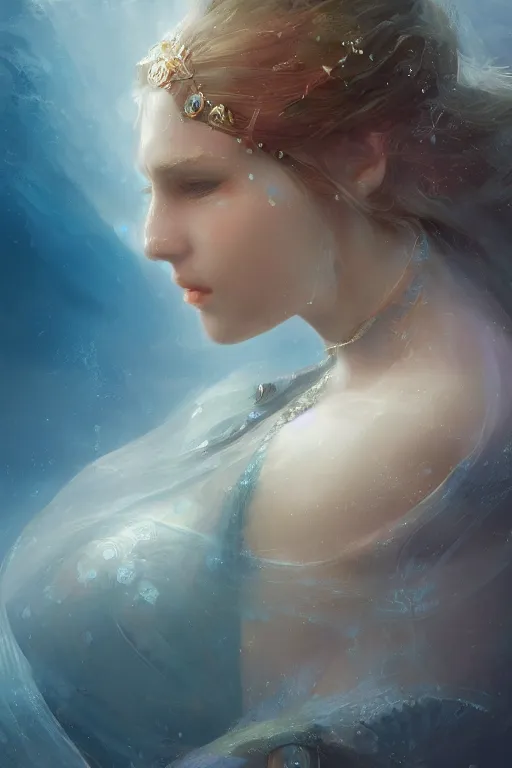 Image similar to Atlantis princess, gorgeous, close-up portrait, intricate, elegant, volumetric lighting, scenery, digital painting, highly detailed, artstation, sharp focus, illustration, concept art, ruan jia, steve mccurry