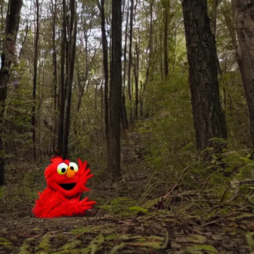 Image similar to found footage of creepy elmo spotted in the woods, demonic, trail cam