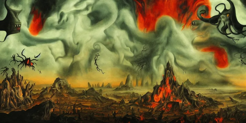 Prompt: horror mate painting of close up man been punish by daemons in hell, scene inspired by heironymous bosch, god and the holy spirit are watching everything from the top of the painting behind clouds, body parts everywhere, blood, fire, crimes, insanely detailed, horror, intricate, sharp focus, foggy