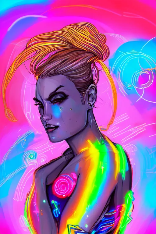 Image similar to a award winning portrait of a beautiful woman with stunning eyes in a one off shoulder crop top and cargo pants with rainbow colored hair, outlined by whirling illuminated neon lines and fine lines swirling in circles by greg tocchini, digital art, trending on artstation