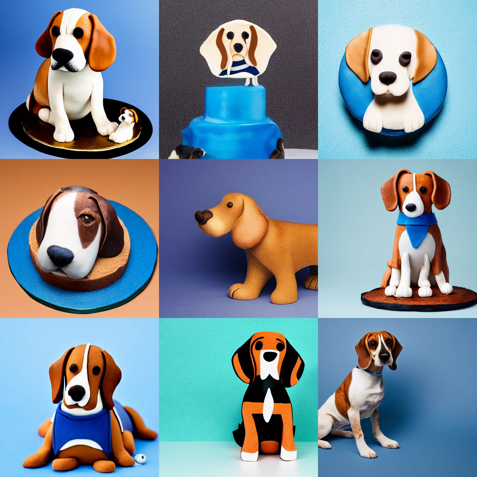 Prompt: a photo of am award winning cake in the shape of a beagle, studio lighting, blue backdrop. HD