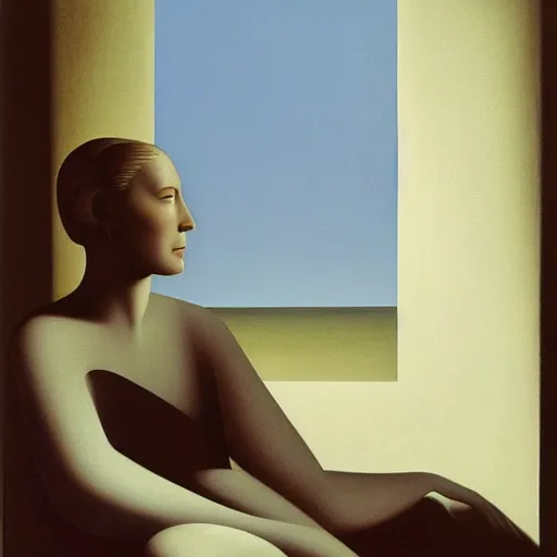 Image similar to dismal, realist contre jour by kay sage. a land art of a beautiful young woman seated at a window, looking out at the viewer with a serene expression on her face. the light from the window illuminates her features & creates a warm, inviting atmosphere. the essence of beauty & tranquility.