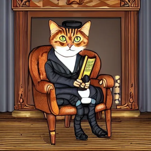 Prompt: steampunk cat sits in a chair in front of a fireplace in a book lined room and smokes a pipe. realistic and detailed