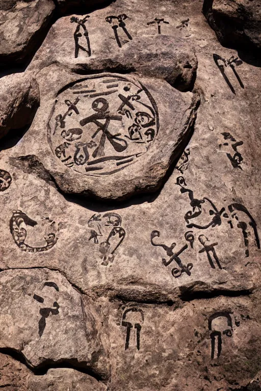 Image similar to 4 k photography of petroglyphs representing crosses, ufo, yin yang symbol on a cave