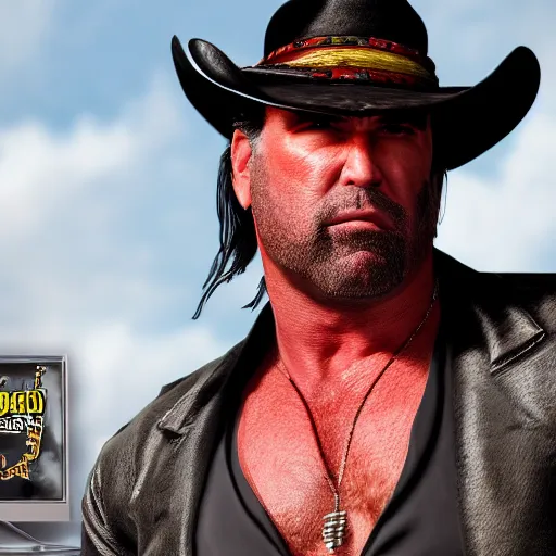 Prompt: 8k HDR hyperrealism portrait photo of Razor Ramon, in the style of Red Dead Redemption 2