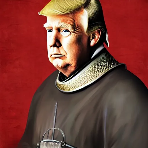 Prompt: a portrait of donald trump as a medieval king, game of thrones style, digital art, golden hour, amazing, high quality, trending on artstation