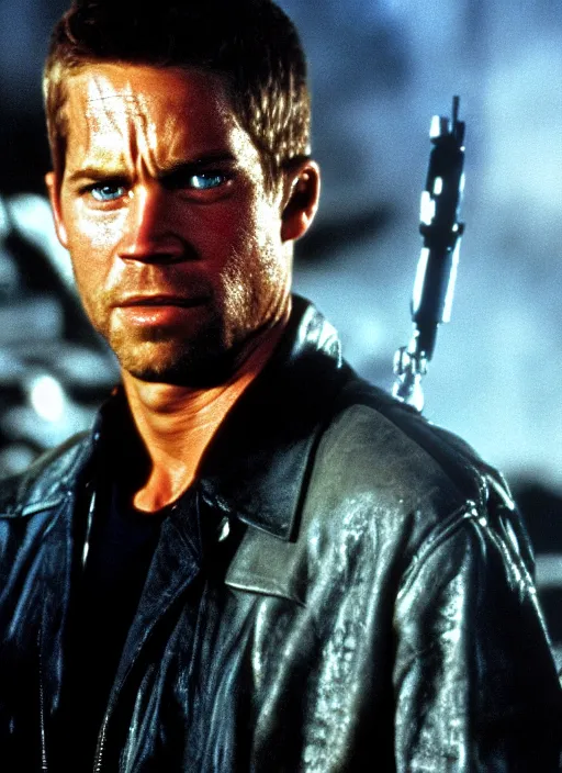 Prompt: film still of Paul Walker as The Terminator in The Terminator, 4k