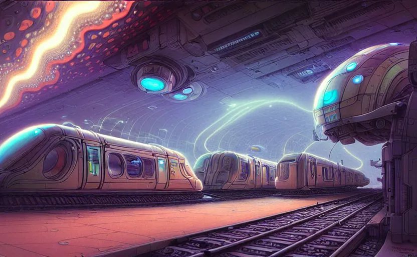 Image similar to urban train design only! 2 0 5 0 s retro future art 1 9 7 0 s science fiction borders lines decorations space machine, mech, robot. muted colors. by jean - baptiste monge, ralph mcquarrie, marc simonetti, 1 6 6 7. mandelbulb 3 d, fractal flame, jelly fish, coral, cinematic lightning