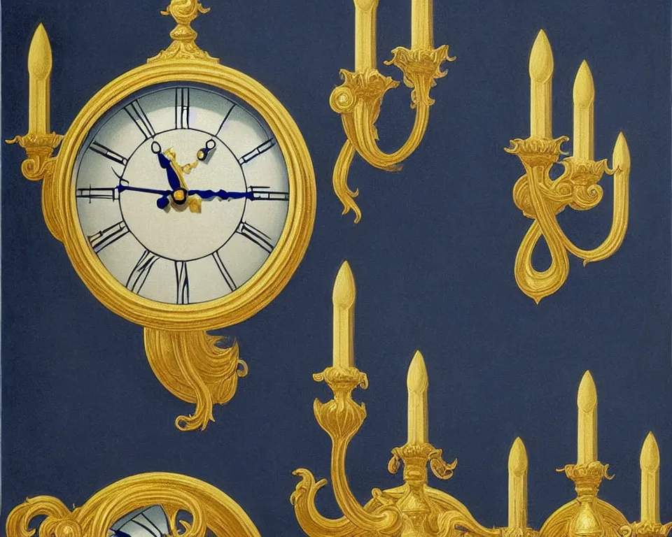 Prompt: an achingly beautiful print of ornate gold clocks and Tiffany sconces on a navy blue wall by Raphael, Hopper, and Rene Magritte. detailed, romantic, enchanting, trending on artstation.