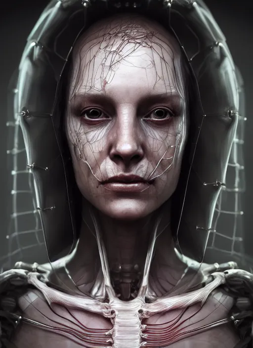 Image similar to 1 / 2 length portrait, queen, crown, translucent skin, muscle, bones, veins, nerves, hyperrealism, detailed, photorealistic, cyberpunk apocalyptic city, futuristic, ultra realistic, cinematic, intricate, cinematic light, unreal engine 8 k, octane render, unreal engine by charlie bowater, david kostic, stanley lau, artgerm