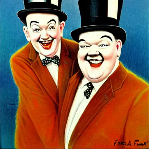 Image similar to A portrait of Stan Laurel and Oliver Hardy in hats by Frank Kelly Freas