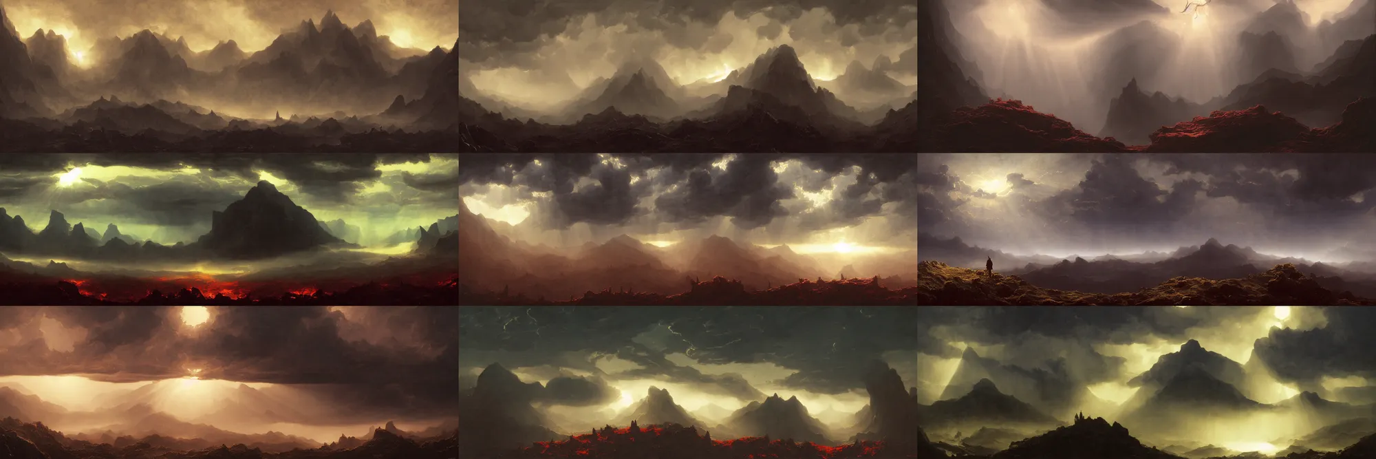 Prompt: low ultrawide shot, dark, mountains,, abyss, stylized, detailed gouache paintings, crepuscular rays, dark, murky, foggy, atmospheric, nicola samori, albert bierstadt, frederic edwin church, beksinski, wayne barlowe's inferno