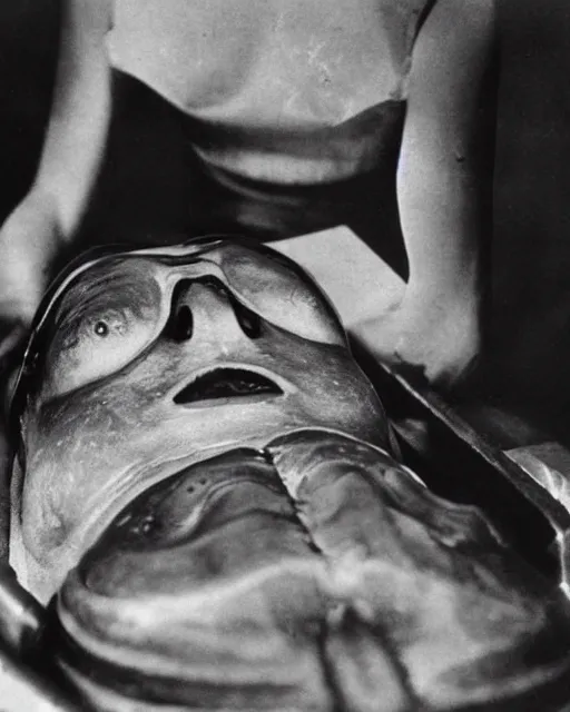 Prompt: Hyper realistic vintage photograph of an alien autopsy