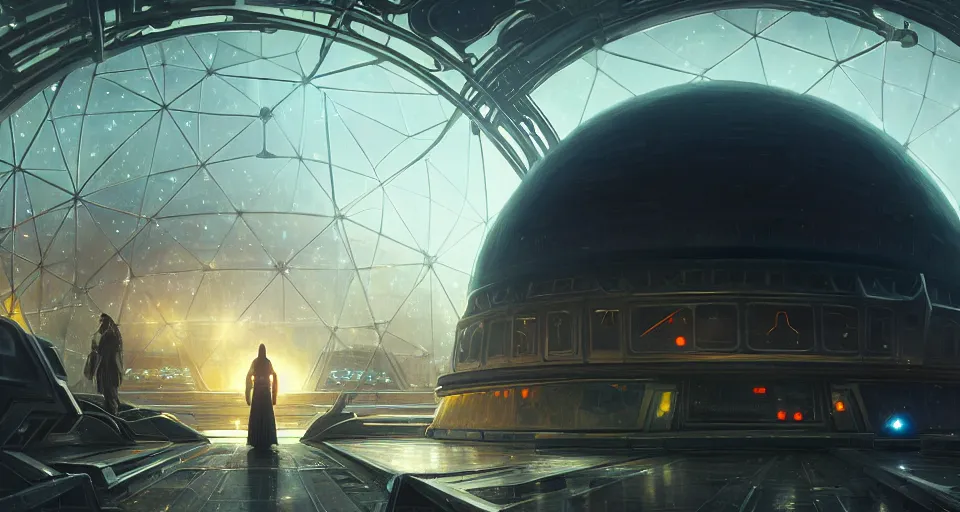 Image similar to cinematic shot, futuristic city on the moon inside a giant geodesic dome, utopian, night, stars, digital painting, artstation, concept art, smooth, sharp focus, illustration, intricate, elegant, highly detailed, in the style of greg rutkowski and alphonse mucha and artemisia, 8 k, highly detailed, jurgens, rutkowski
