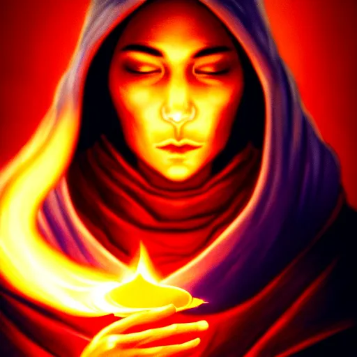 Image similar to ( a priestess with a hood that covers half her face carries an incense burner that emits a pleasantly colored flame. ) by anato finnstark, photorealistic, fullbody portrait, dynamic lighting, beautiful, trending on artstation, wallpaper, 4 k, award winning, digital art, golden huese