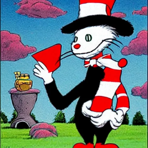 Prompt: the cat in the hat discovering his own mortality