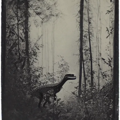 Image similar to daguerrotype of a velociraptor sighting in a dense forest 1 8 8 5