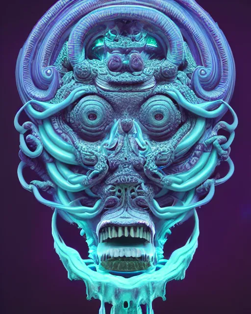 Image similar to 3 d ornate carved medusa with profile portrait, sigma 5 0 0 mm f / 5. beautiful intricate highly detailed quetzalcoatl skull. bioluminescent, plasma, lava, ice, water, wind, creature, thunderstorm! artwork by tooth wu and wlop and beeple and greg rutkowski, 8 k trending on artstation