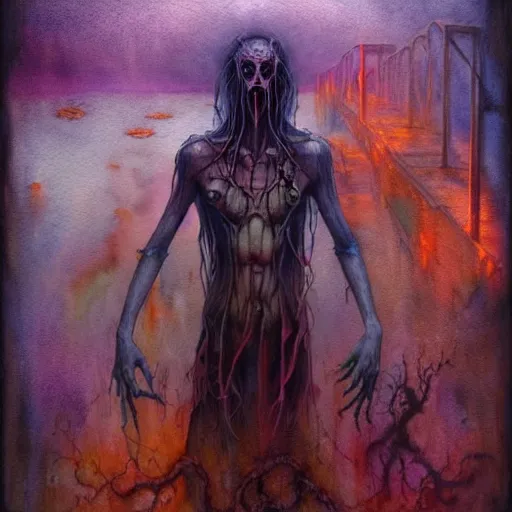 Prompt: watercolor horror spiritual dmt art in muted colors, disturbing grunge still of a lovecraftian demon infested guy on a bridge, by arthur adams, by tom bagshaw, by henry asencio, by kikuchi hideyuki