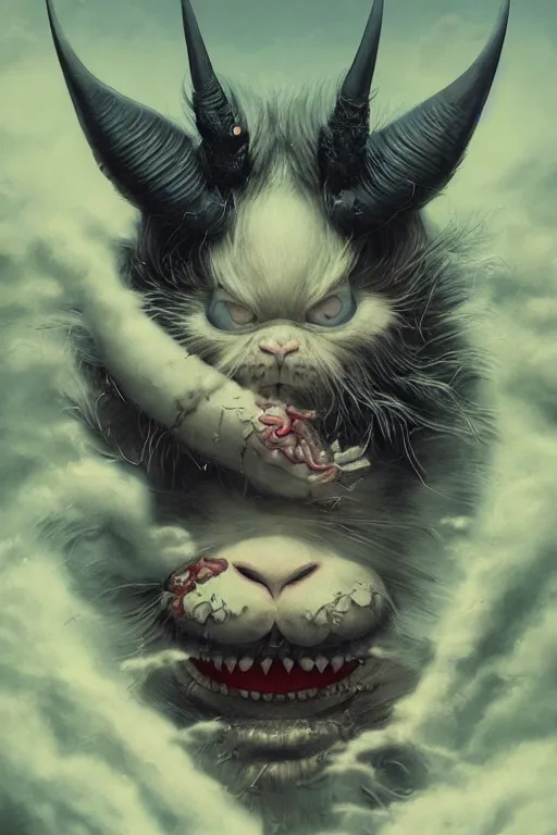 Image similar to a japanese devil animal illustrated by miyazaki by karol bak, james jean, tom bagshaw, rococo, sharp focus, trending on artstation, cinematic lighting, hyper realism, octane render, 8 k, hyper detailed, vivid, ultra detailed, highly detailed