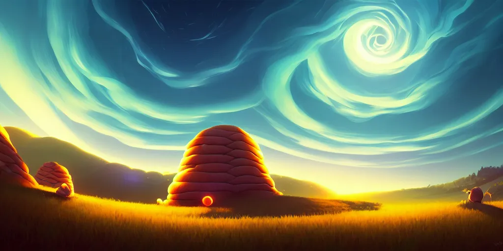 Prompt: nightly, spiral, naive nerikomi, weird perspective, extra narrow, detailed illustration, lit by flashlight, scenic spiral environment by rhads, trending artstation, fisheye, grass field night mountainous terrain, chubby spiral smoke shaped clouds, volumetric lighting and mist