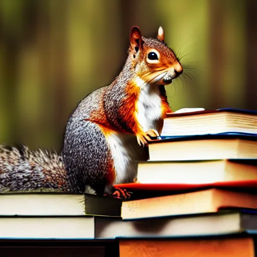 Image similar to photo - realistic picture of a squirrel holding a pen on top of a stack of books