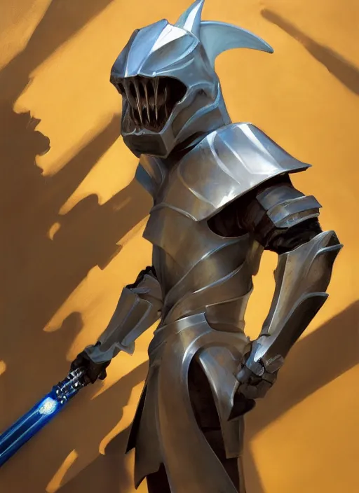 Image similar to greg manchess side portrait of a humanoid shark in knight's armor with a light saber, organic painting, sunny day, matte painting, bold shapes, hard edges, street art, trending on artstation, by huang guangjian, gil elvgren, ruan jia, randy vargas, greg rutkowski