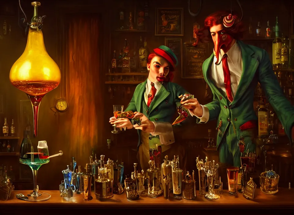 Prompt: parrot anthro as dapper bartender, dimly-lit cozy tavern, fantasy art, detailed painterly digital art style by Rolf Armstrong, d&d vibe, fireplace, furaffinity, 🍸, 8k octane beautifully detailed render, post-processing, extremely hyperdetailed, intricate, epic composition, grim yet sparkling atmosphere, cinematic lighting + masterpiece, trending on artstation, very detailed, vibrant colors