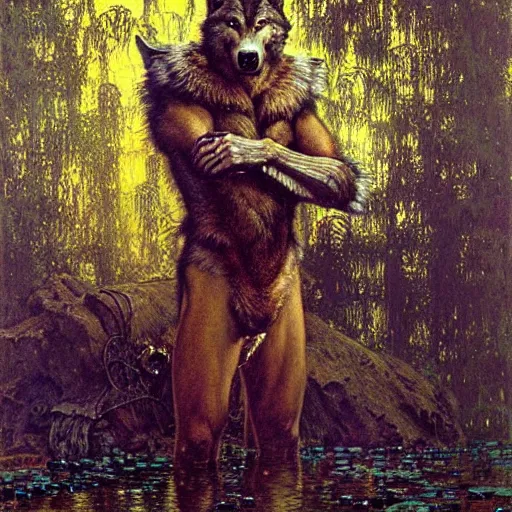 Prompt: portrait of a male wolf wolfman in a pond. shadowrun furaffiniy cyberpunk fantasy highly detailed painting by gaston bussiere craig mullins jc leyendecker gustav klimt artgerm greg rutkowski john berkey, bergey, craig mullins, ruan jia, raymond swanland, jeremy mann, tom lovell, alex malveda