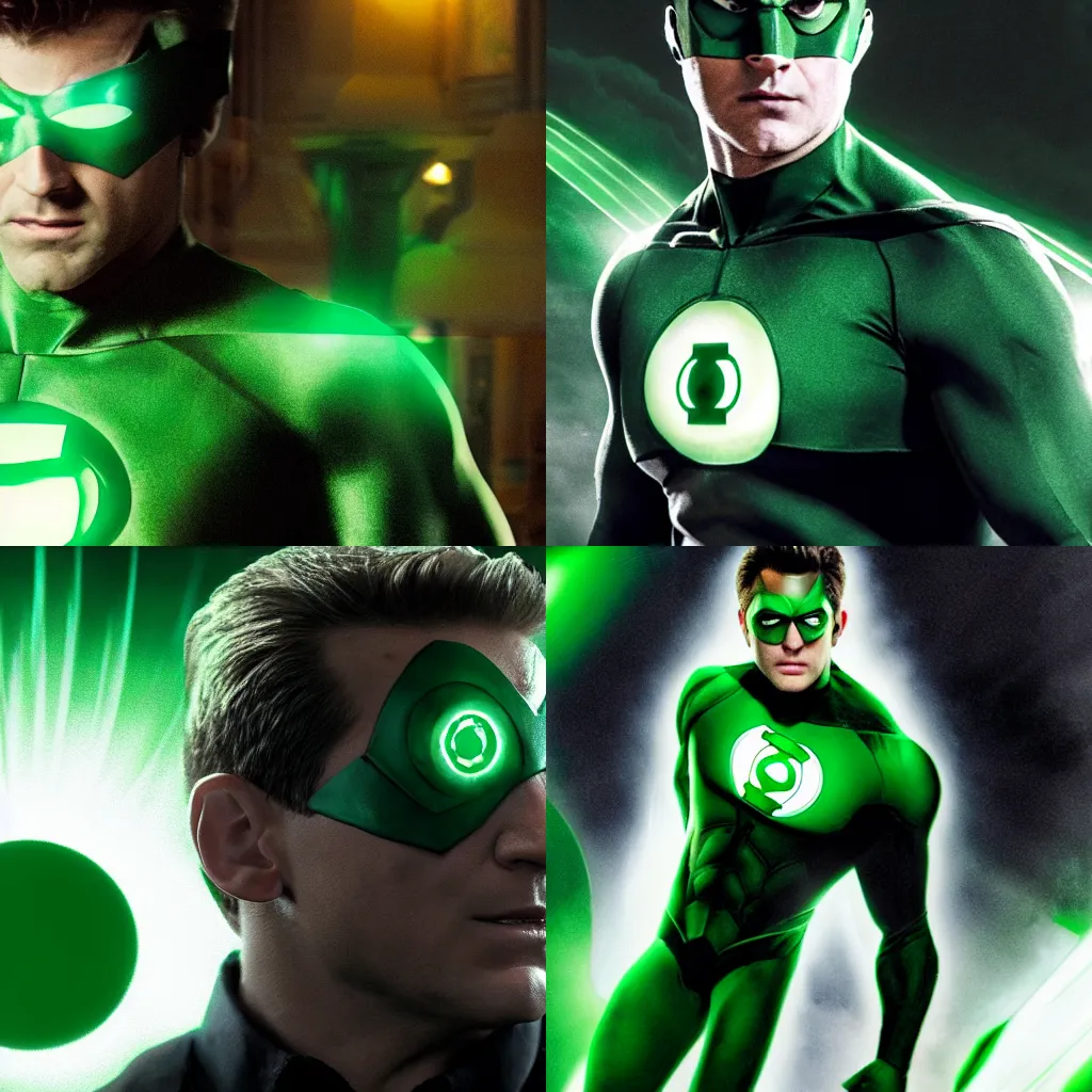 Prompt: Dramatic film still of Steve Bascemi as Green Lantern, eyes buldging intensely