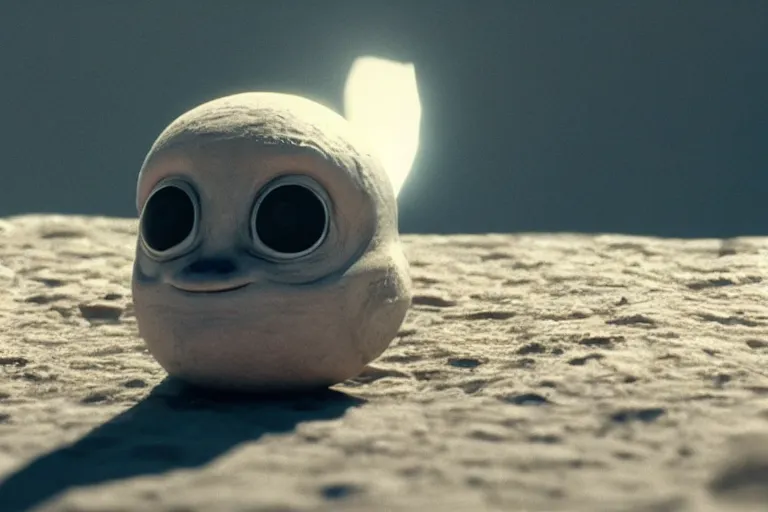 Prompt: vfx movie scene closeup adorable tiny little baby alien creature in moon desert eating a rock. by emmanuel lubezki