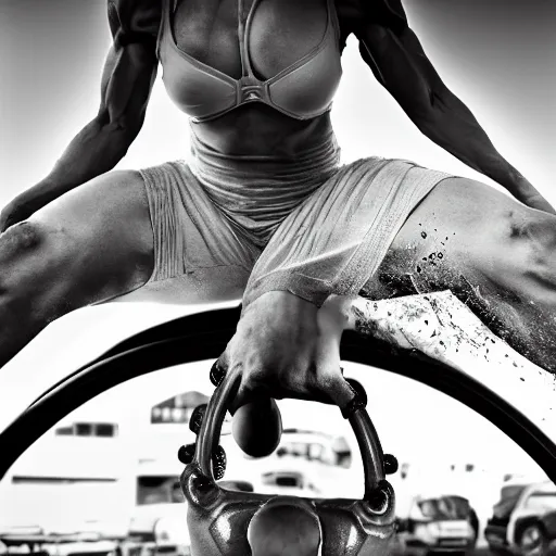 Image similar to car, bodybuilder, woman, holding, photo, digital art, hands, underbody, throw, tire, standing, street