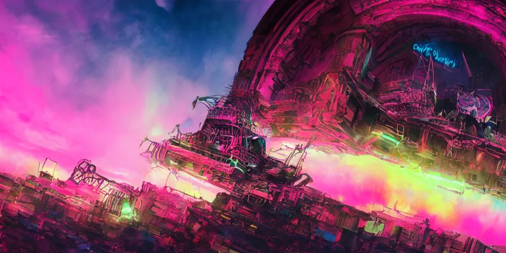 Prompt: punk big beautiful face, space, dungeon, pirate neon ship with punks on board, mohawks, neon, oil painting, pink, rich deep colors masterpiece, ultra detailed, contrast, heaven pink, lots of roman arches, punk rock with mohawks, clouds, sky, volumetric light, atmospheric lighting, dramatic, cinematic, moody, octane render 4 k, 8 k